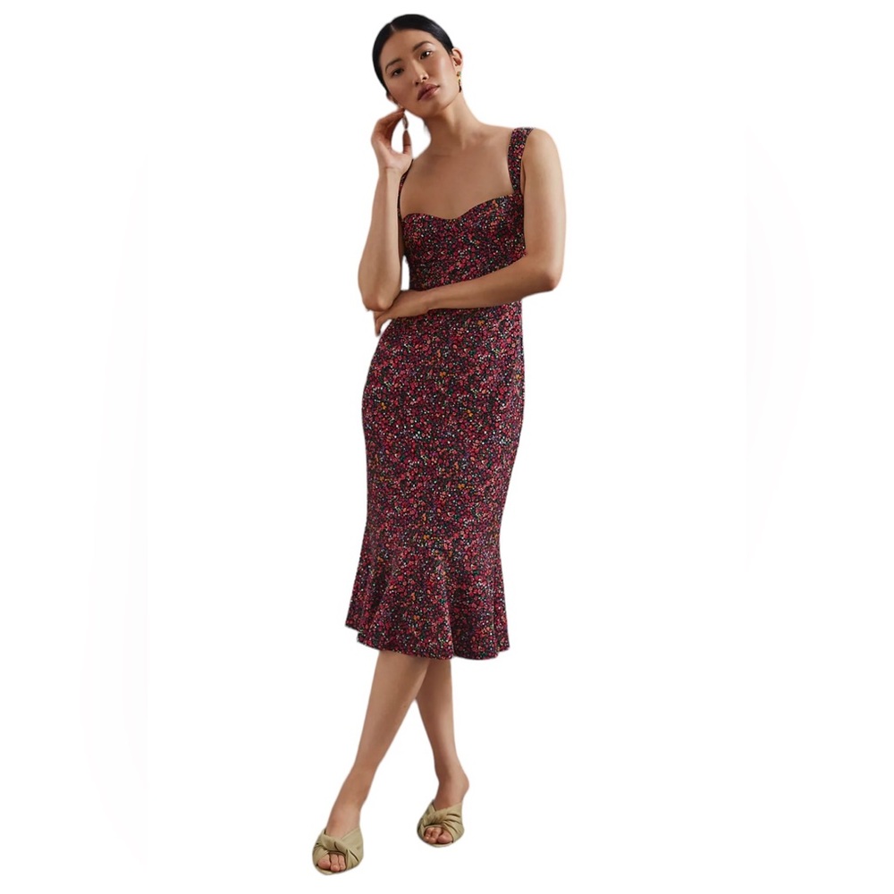 COPY - Anthropologie Hutch Midi Dress Red Ditsy Floral Sweetheart Flounce Hem S…